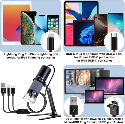 Jiusion 40 to 1000x Magnification Endoscope, 8 LED USB 2.0 Digital Microscope, Mini Camera with OTG Adapter Metal Stand, Compatible with Mac Windows 7 8 10 11 Android Linux Chrome Not for iPhone/iPad