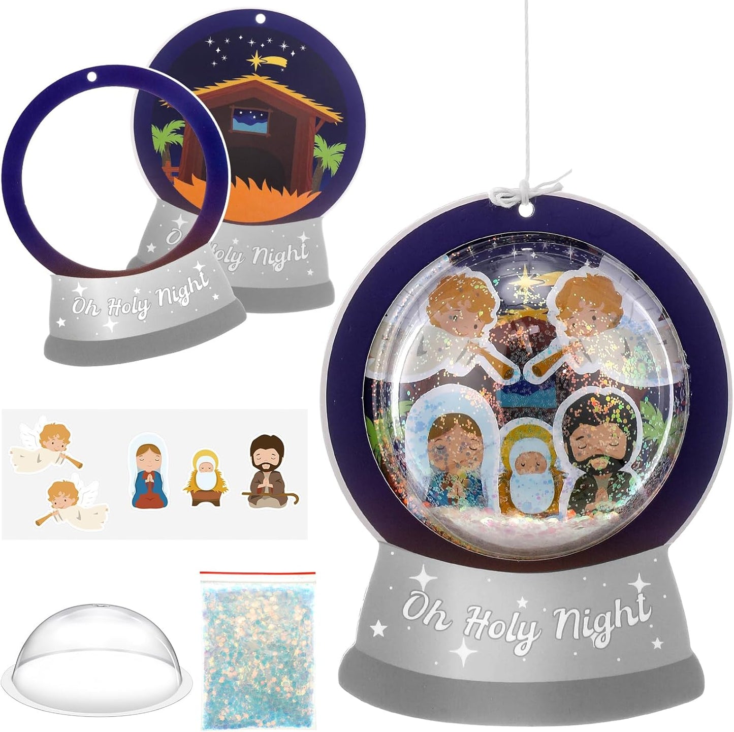 Threehoney 24 Pack Easter Nativity Craft Kit for Kids Toddler Jesus Birth Advent DIY Snow Globe Hanging Ornament with Glitter Sequin Paper Religious Holiday Classroom Decor(Joy,Silver)