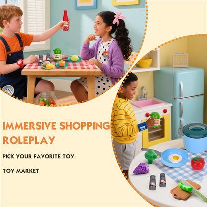 150Pcs Kitchen Playset, Toddlers Pretend Cooking Cookware Accessories, Food, Picnic Blanket, Fruits, Veges, 2Pack Shopping Storage Basket, Dessert and Prop Money, Gift for Kids (Pink)