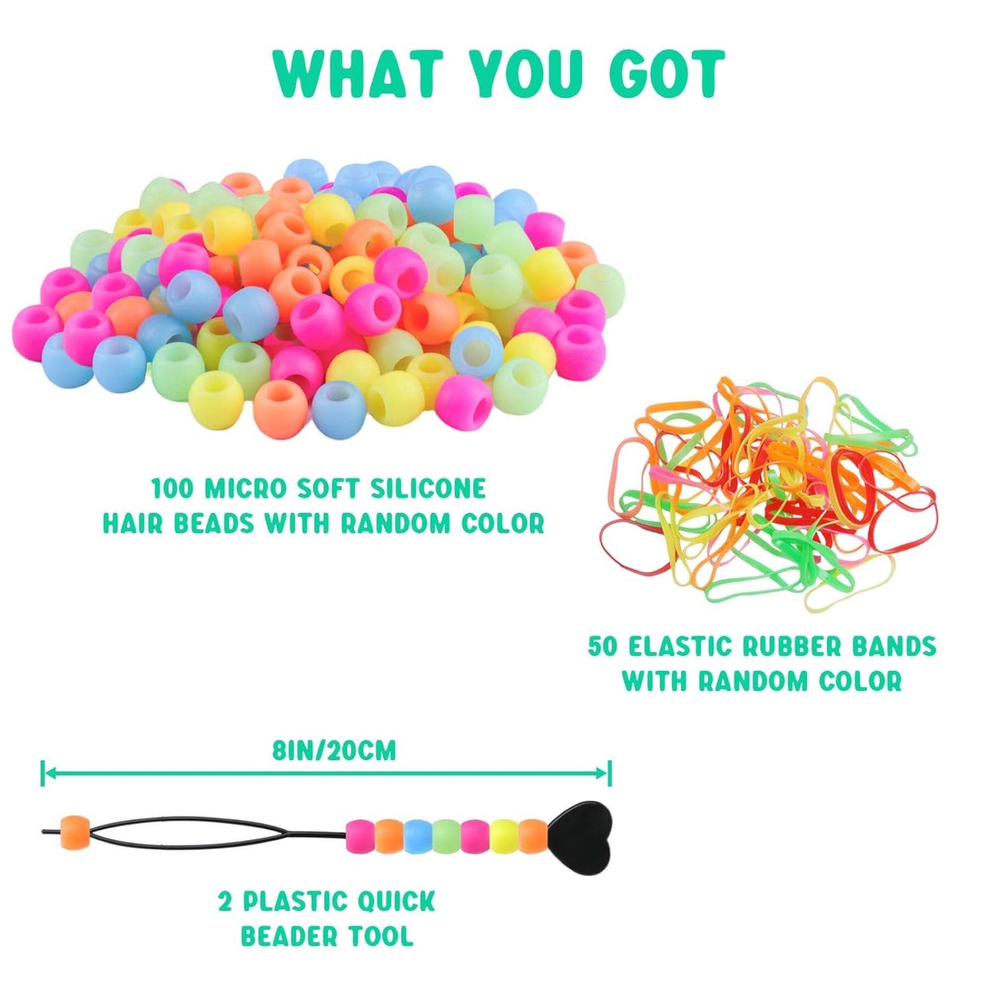 SEVENKA 100 Small Silicone Hair Beads Glow in Dark, 5mm Colorful Soft Micro Silicone Hair Beads for Girls Braids, 2 Plastic Quick Beaders for Hair Braids, 50 Elastic Rubber Bands