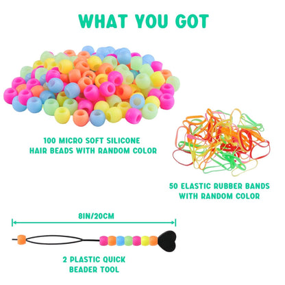 SEVENKA 100 Small Silicone Hair Beads Glow in Dark, 5mm Colorful Soft Micro Silicone Hair Beads for Girls Braids, 2 Plastic Quick Beaders for Hair Braids, 50 Elastic Rubber Bands