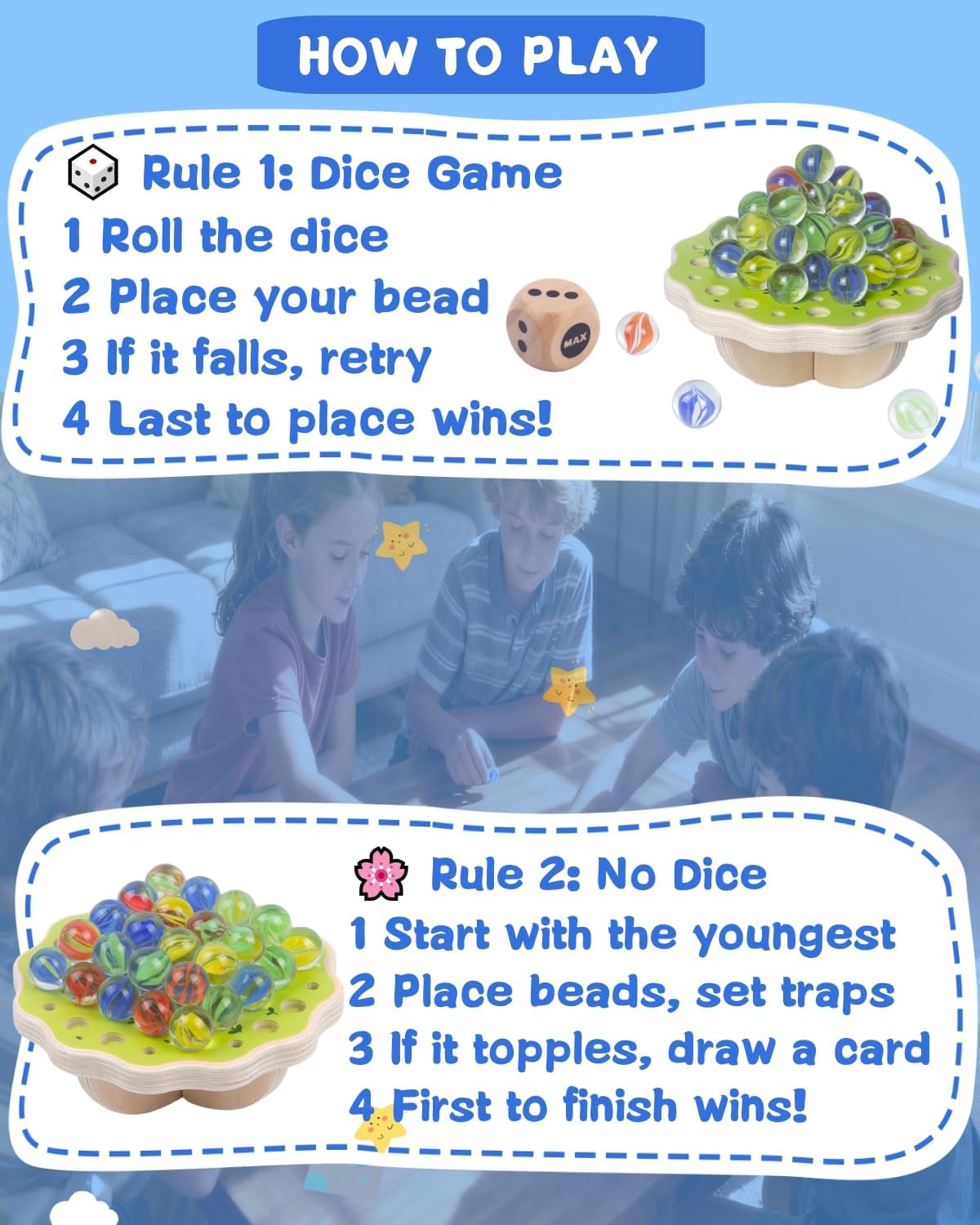Wooden Marble Balance Game for Kids 6+ and Adults, Wobble Stacking Board 1–4 Players Family Game, 68 Glass Marbles, Dice, Challenge Cards, Party & Travel Game