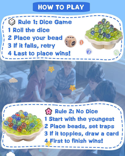 Wooden Marble Balance Game for Kids 6+ and Adults, Wobble Stacking Board 1–4 Players Family Game, 68 Glass Marbles, Dice, Challenge Cards, Party & Travel Game