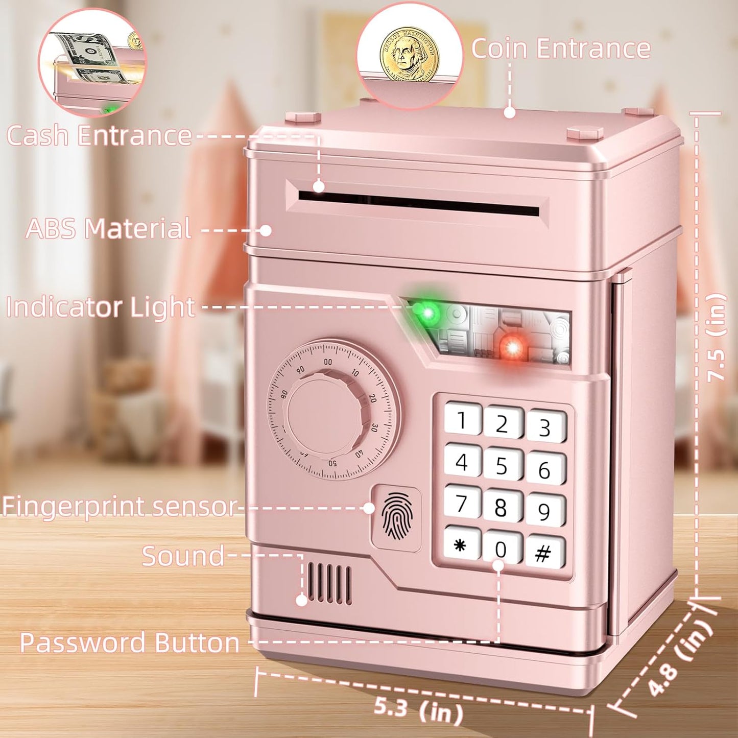 Piggy Bank, Automatic Electronic Piggy Bank for Kids Boys Girls with Password and Fingerprint Unlocking Simulation, Money Bank Kids Safe Toys for 3 4 5 6 7 8 9 10 Year Old Boy Girl (Black)