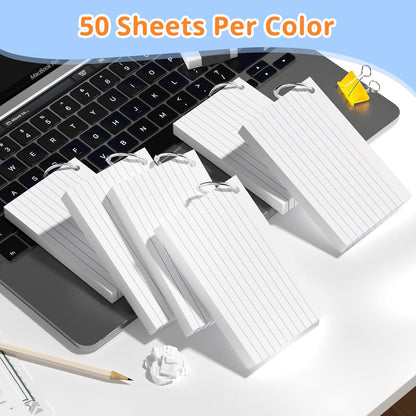 Index Cards 3x5 Inches, 300 PCS, Colored Flash Cards With Ring, Punched Lined Study Card Ruled Flashcards Notecards, Ruled Front And Blank Back, Note Card for School, College And Home