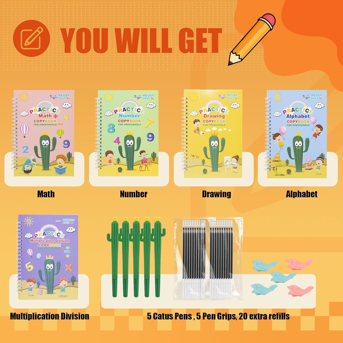 BYFWH Magic Groove Practice Copybook for Kids, Reusable Writing Practice Books, Grooved Handwriting Book Set for Kid Ages 3-8 Calligraphy 5.59 * 7.91 (5 Medium Books with Cactus Pens & Gift Box)