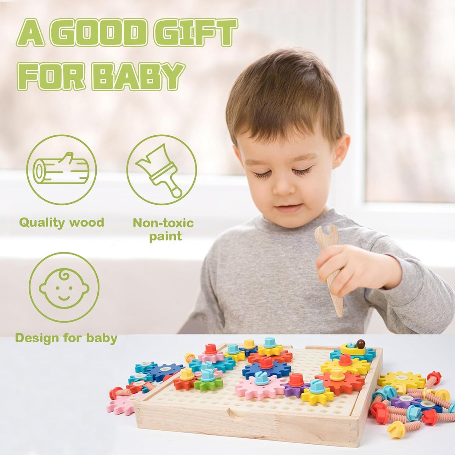 Adena Montessori Wooden Spinny Gears Toys for Kids,64-Piece Gears and Screws Set,Includes Wooden Wrench and 11.2×11.2in Gear Board,24 Challenge Cards,Educational Leaning Toy for 3-6 Years Old Toddler