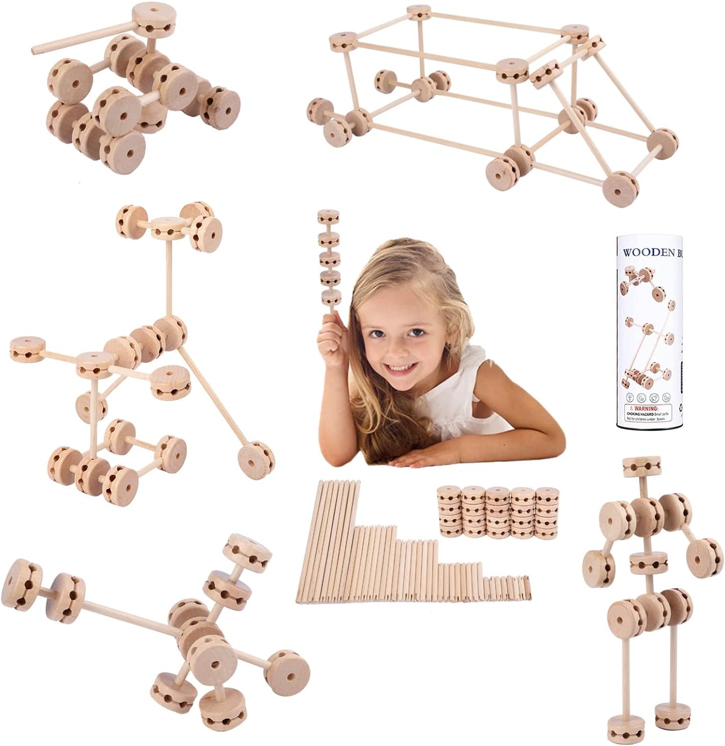 Wooden Building Blocks for Kids, STEM Preschool Learning Toys for Children, Educational Creative Construction Tinker Gift for Boys and Girls, 60 Pcs.