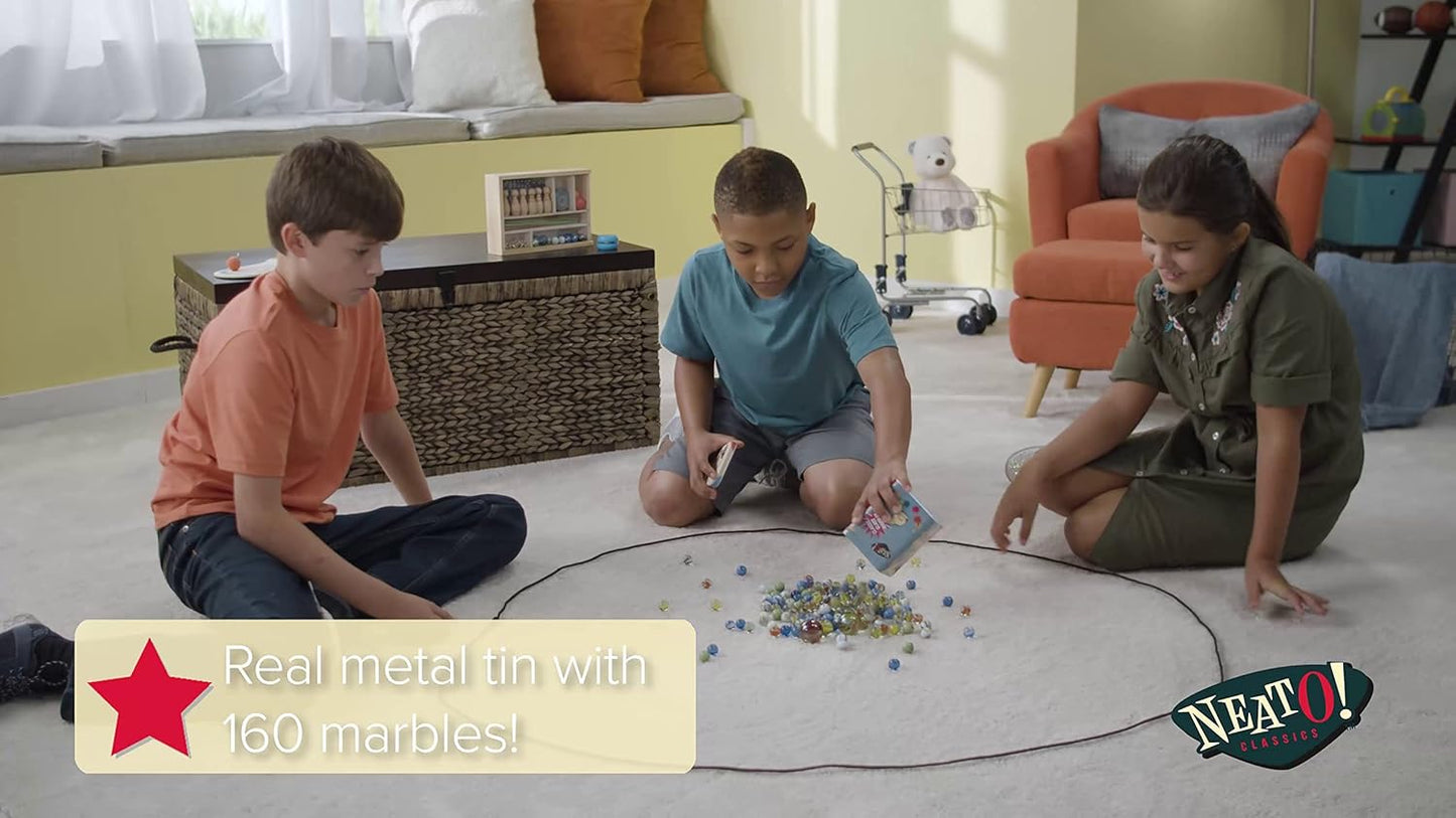 Neato! Classics 160 Marbles in A Tin Box by Toysmith - Retro Nostalgia Glass Shooter, Marble Games are Timeless Play for Kids - Boys & Girls