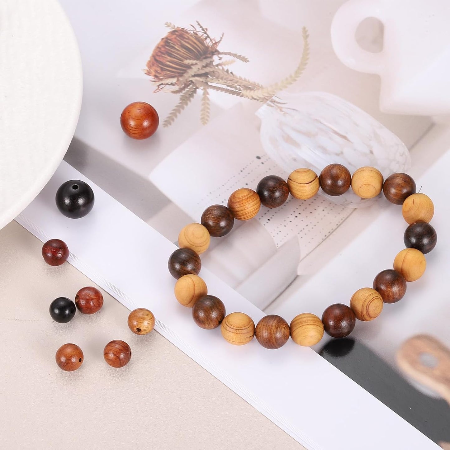 HARFINGTON 200pcs Round Wooden Beads, 10mm Dia Small Wood Beads for DIY Crafts, Bracelet, Wristlet, Necklace, Jewelry Making, Khaki Brown&Black