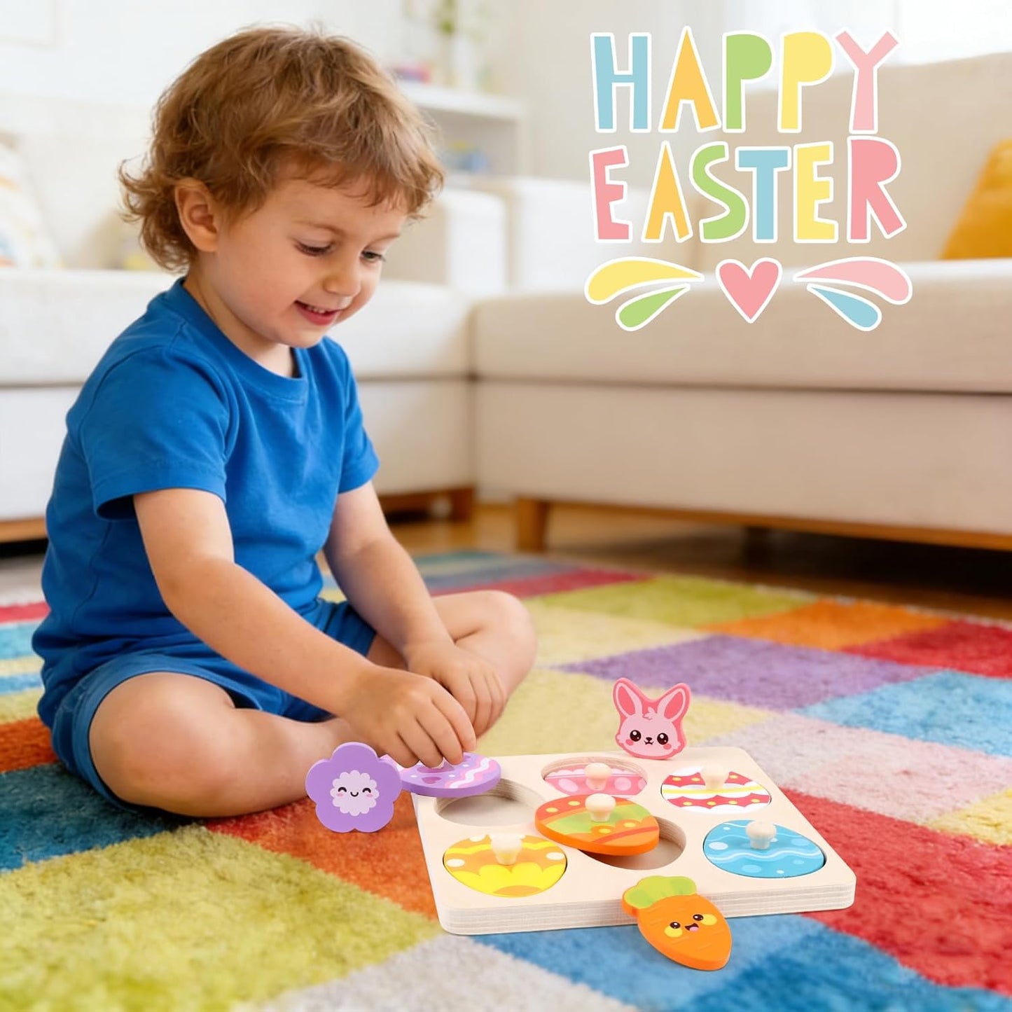 CCINEE Easter Wooden Peg Puzzles for Toddlers 1-3, 6 Pcs Matching Egg Puzzle Montessori Educational Toys for Easter Basket Stuffers Party Favors Learning Activities