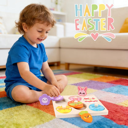 CCINEE Easter Wooden Peg Puzzles for Toddlers 1-3, 6 Pcs Matching Egg Puzzle Montessori Educational Toys for Easter Basket Stuffers Party Favors Learning Activities