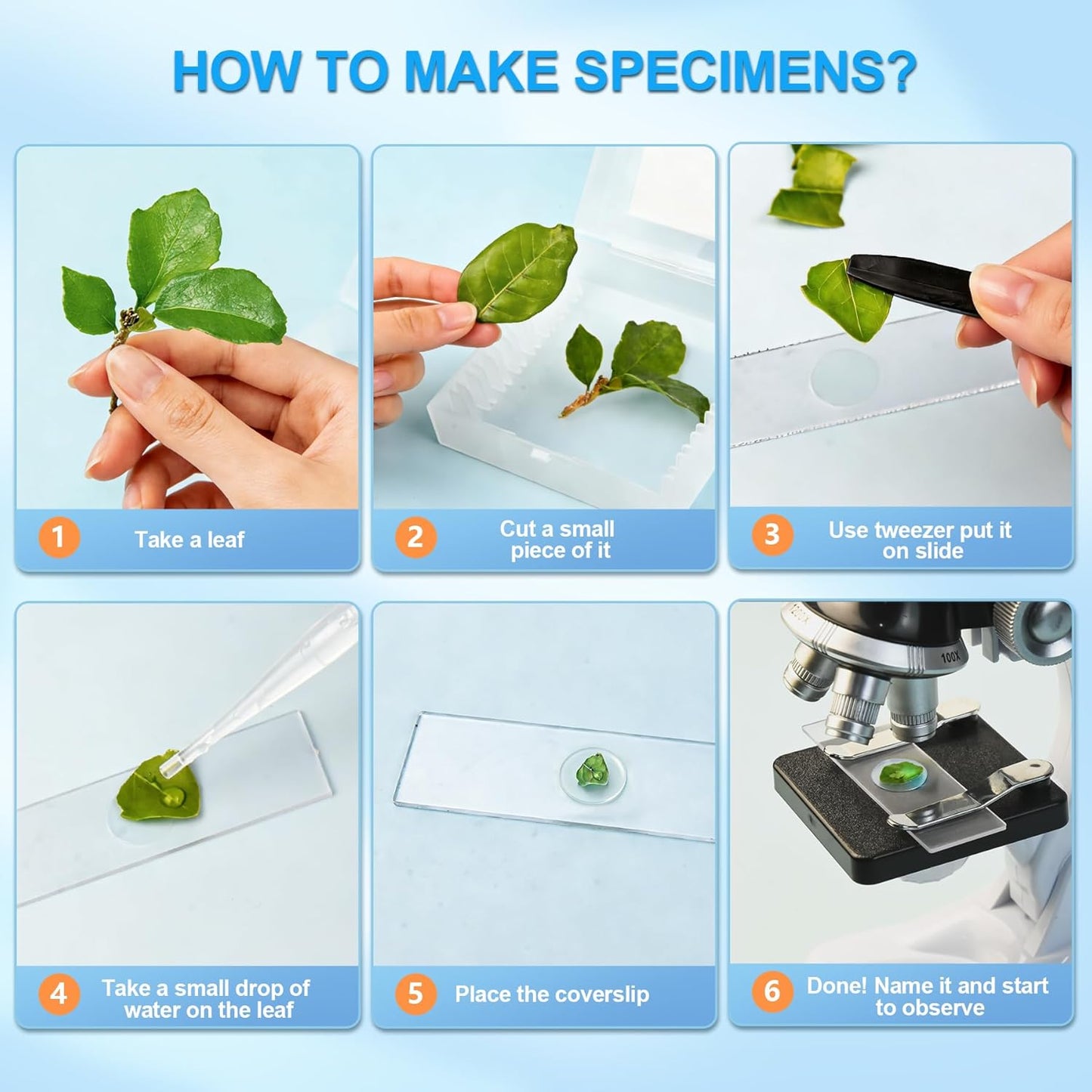115 Pcs Microscope Science Kit for Kids with 100X-1200X Magnification,Equiped with Prepared and DIY Blank Slides Microscope for Beginner Boys Girls