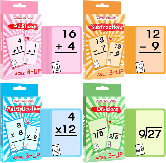 Math Flash Cards Set of Multiplication Division Addition Subtraction with 4 Dry Erase Pens, 144 Flash Cards from 1st to 4th Grade or Kindergarten Homeschool Supplies