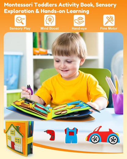 Felt Busy Book for Toddlers 1-3, Montessori Busy Board for 1 Year Old, Quiet Book Airplane Travel Toys, Sensory Early Learning Educational Toy, Road Trip Activity Books, Girls Birthday Gifts