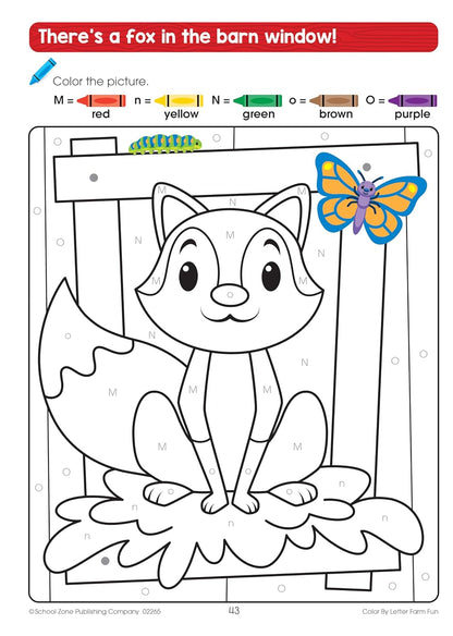 School Zone Color by Letter Farm Fun Workbook: 64 Pages, Preschool, Kindergarten, 1st Grade, ABC's, Alphabet, Color Skills, Coloring, Matching, Farm Animals, Ages 4-6 (Activity Zone Book Series)
