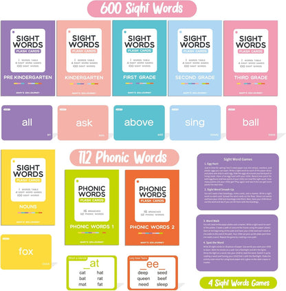 SpringFlower 712 Sight Words Flash Card,600 Dolch & Fry High Frequency Sight Word,112 Phonic Flash Cards for Kindergarten Homeschool Supplies Games for Kids Pre-K, Kindergarten, 1st, 2nd, 3rd Grade