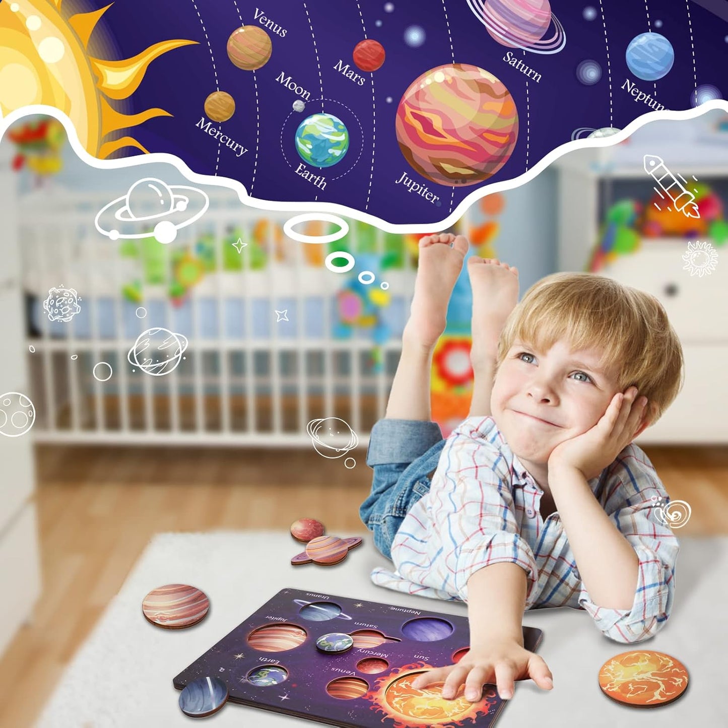 Zeoddler Solar System Puzzle for Kids 3-6, Wooden Space Toys, Planets for Kids, Preschool Learning Activities, Gift for Boys, Girls