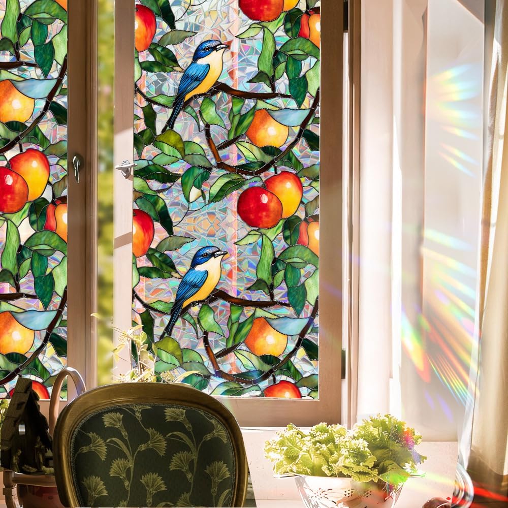 Flower Stained Glass Window Film Decorative Static Cling Stickers Sun Blocking Privacy Decals for Home Car White Lily