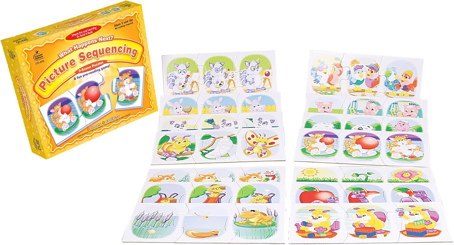 Carson Dellosa What Happens Next? Pre-Reading Puzzle Game Set, Colorful 3-Scene Picture Sequencing Phonics Game with 14 3-Scene Puzzles, Ages 4+ (42 pc)