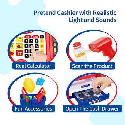 FS Pretend Play Cash Register Toy Preschool Gift for Kids, Classic Count Toy with Sound, Microphone, Scanner, Credit Card, Play Food for Boys & Girls, 57 Pieces Play Set, Ages 3 4 5 6 7, Purple