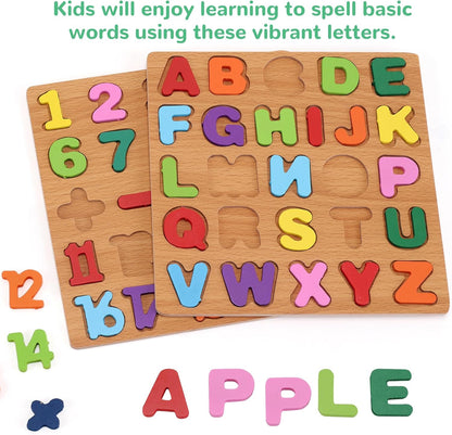 Alphabet Wooden Puzzles for Toddlers 3-5, Pack of 3 ABC, Number and Shape Puzzle, Preschool Educational Learning Toys with Puzzle Board & Letter Blocks for Girls Boys Ages 3 4 5 Years Old