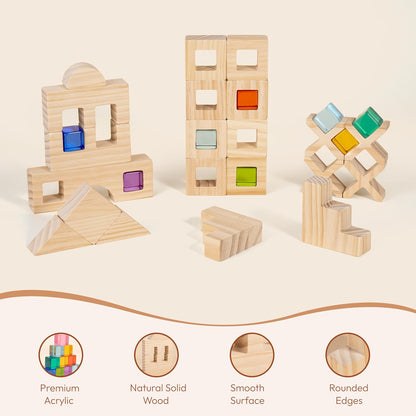 Woodtoe Wooden Building Blocks Set for Kids, 36 PCS Rainbow Acrylic Gem Blocks - 3 Wood House, Montessori Stacking Toy for Toddlers, Educational STEM Birthday Creative Toy Gift for Boys Girls 3-6