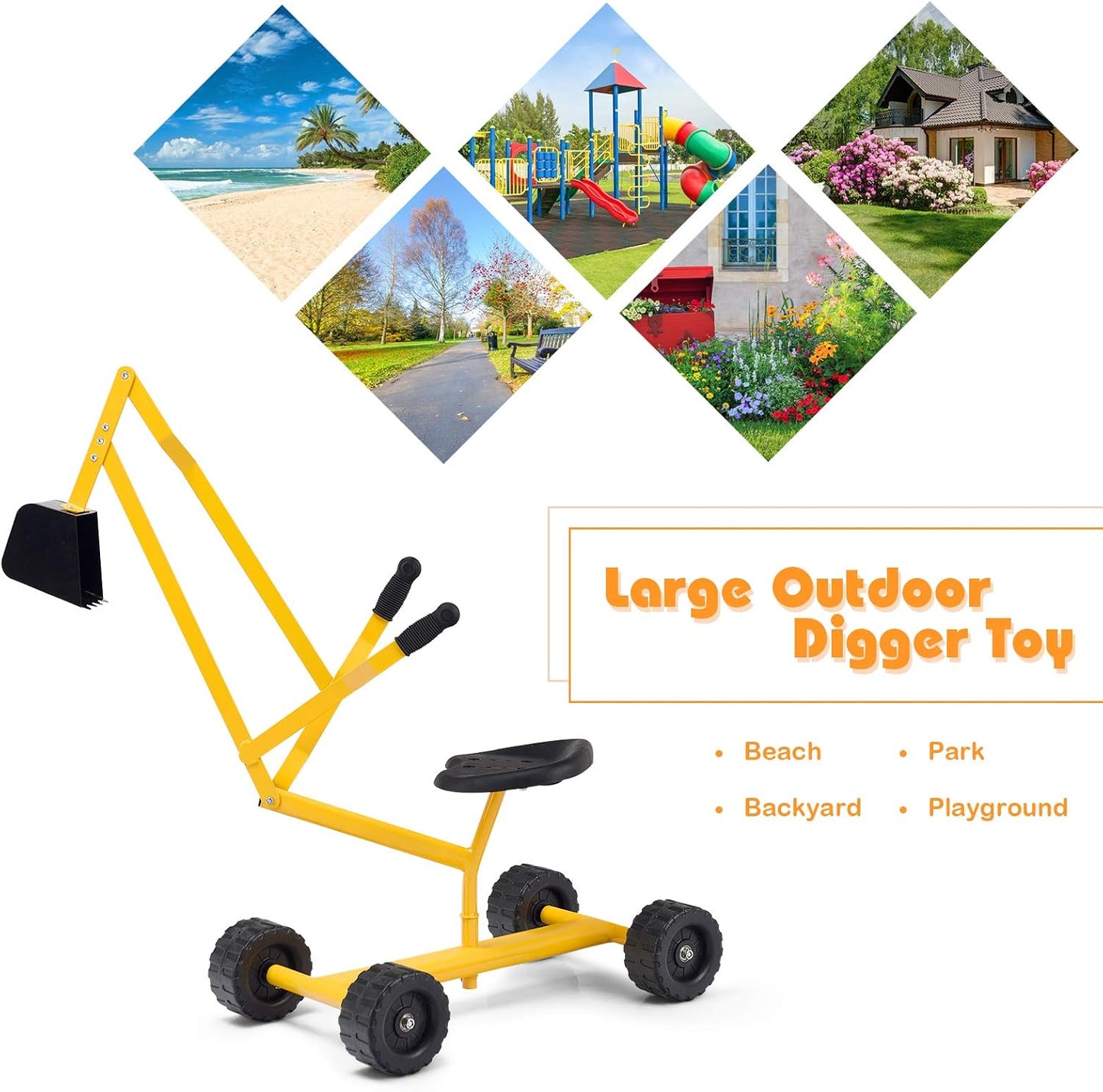 Costzon Kids Ride on Sand Digger with Wheels, Heavy Duty Steel Digging Scooper Excavator Crane with 360° Rotatable Seat for Dirt, Snow, Beach, Outdoor Sandbox Play Toy