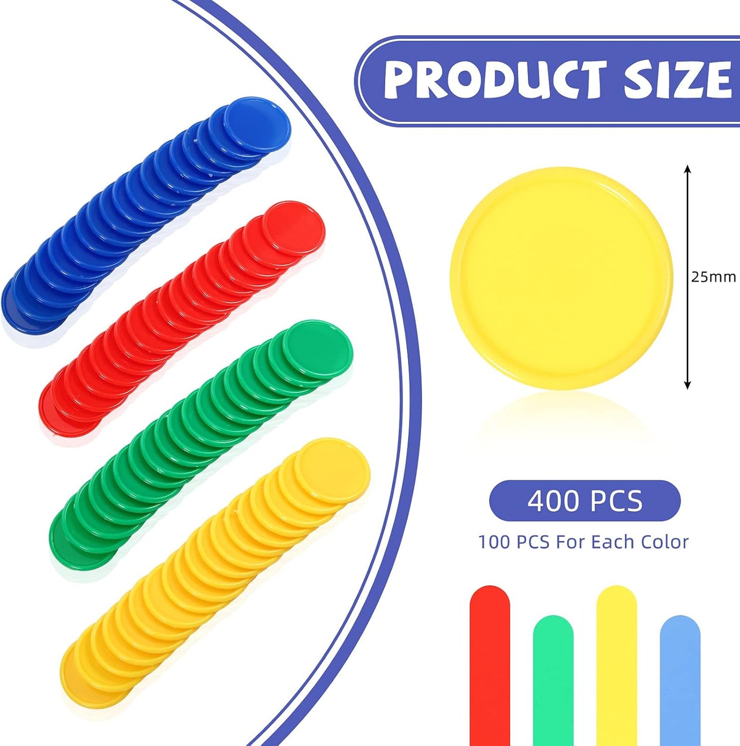 Skylety 400 Pieces Plastic Poker Chips 4 Colors 1 Inch Small Learning Counters Blank Chips Card for Game Play Counting Learning Math Reward(Red, Blue, Green, Yellow)