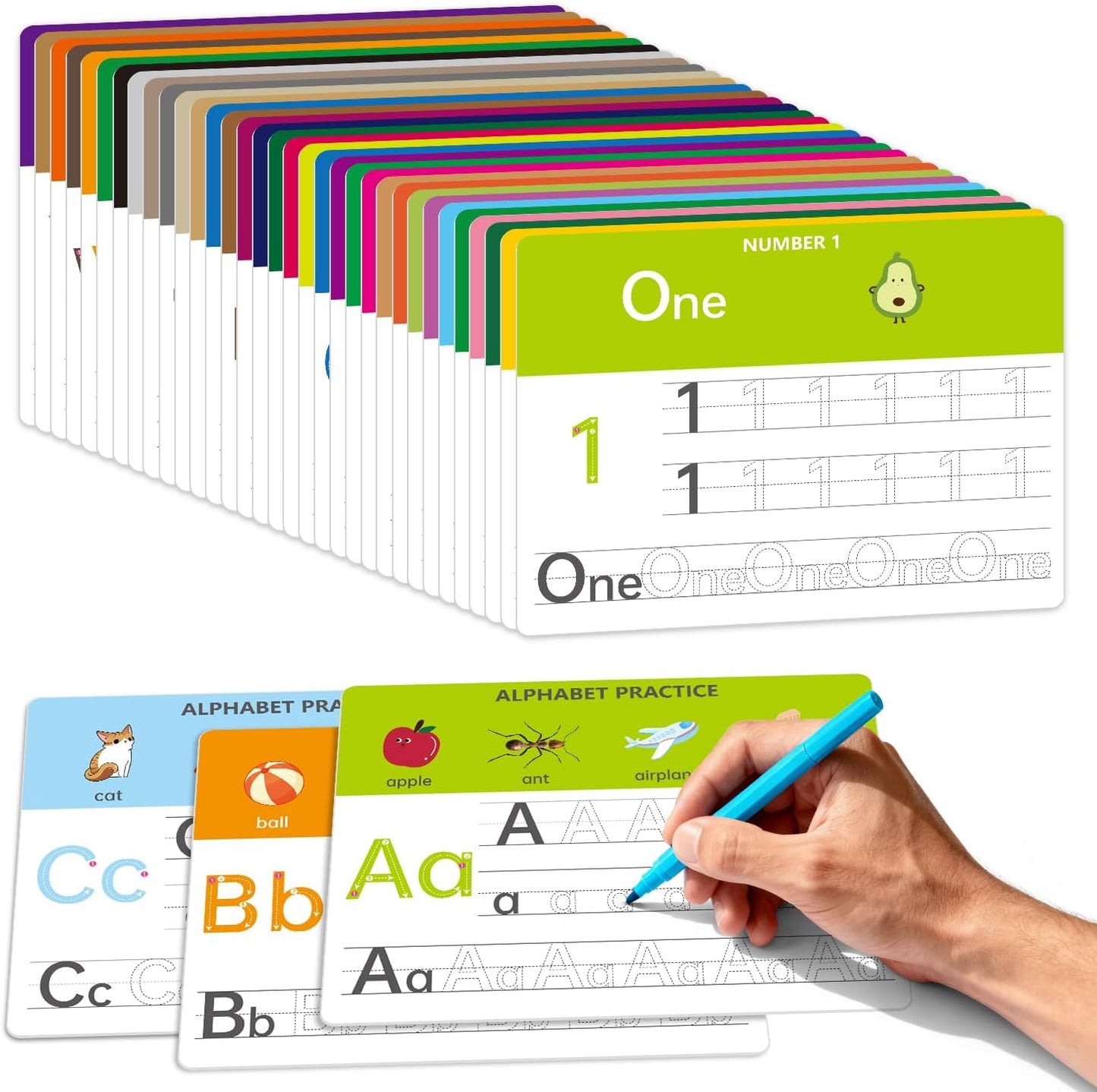 Dry Erase Alphabet & Number Practice Boards for Kids – A-Z Letters & Numbers 1-10, 18 Double-Sided Reusable Sheets (36 Pages), 11x8.5, Preschool, Kindergarten & Homeschool Writing Practice Tool