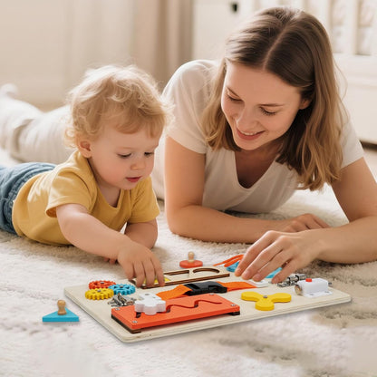 Montessori Busy Board for Toddlers, 9-in-1 Wooden Sensory Toys for Fine Motor Skills, Educational Activity Board for Preschool Learning, Travel Toys Gift for Boys Girls 3 4 5
