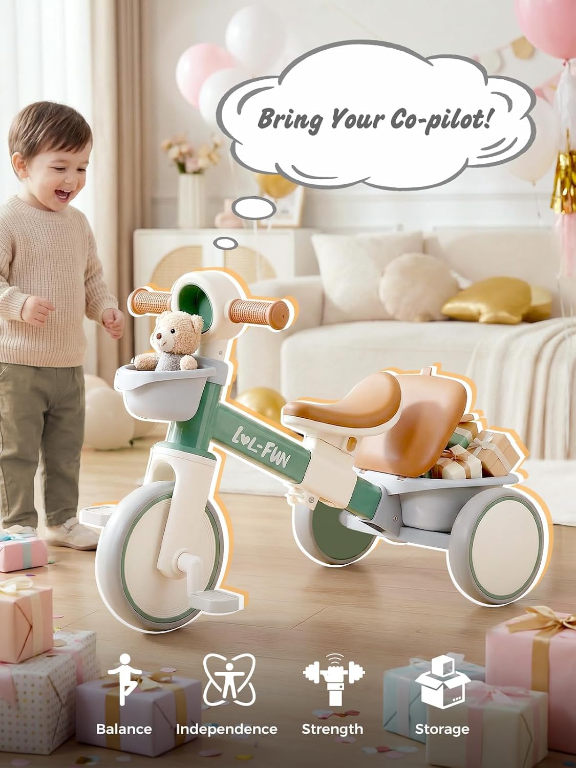 Tricycle for Toddlers 1-3 Years Old Toy, Adjustable Kids Bike for Boys Girls Birthday Gift Age 2-4, Baby Trike with Storage Baskets & Removable Pedals