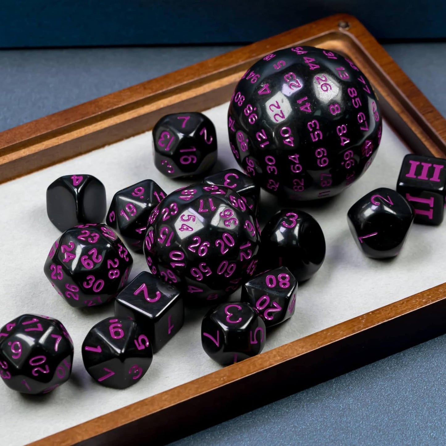15 Pieces Complete Polyhedral DND Dice Set D3-D100 Spherical D&D Dice Set with Dragon Eye Dice Bag, D100 Dice for RPG Table Games(Black w/Purple Numbers)
