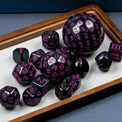15 Pieces Complete Polyhedral DND Dice Set D3-D100 Spherical D&D Dice Set with Dragon Eye Dice Bag, D100 Dice for RPG Table Games(Black w/Purple Numbers)