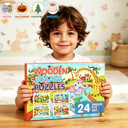 4 Sets of Wooden Puzzles, Each Set has 24 Pieces, Including Castle Unicorn Princess, for Toddlers 3-5, Puzzles for Kids Ages 4-6, Preschool Educational Brain Teaser Toys for Girls 3 4 5 6 Years Old.