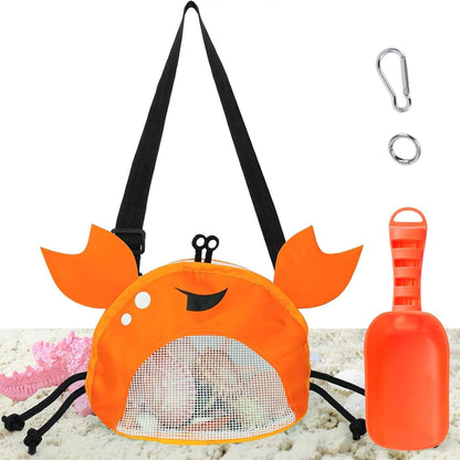 AMOR PRESENT Mesh Baby Beach Bag, Shell Collecting Bag with Shovel Crab-Shaped Adjustable Strap for Holding Shell Sea Pool Sand Toy, Blue