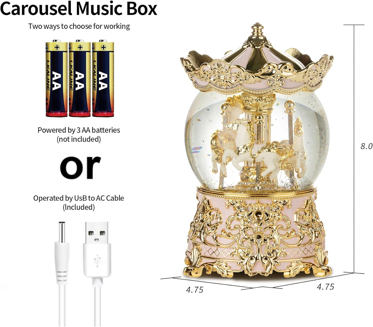 Carousel Music Box Princess Unicorn Musical Snow Globe for Girls and Women Baby Kids Sister Daughter Mom Granddaughter Grandma Christmas Birthday Presents Gifts (Light Pink)