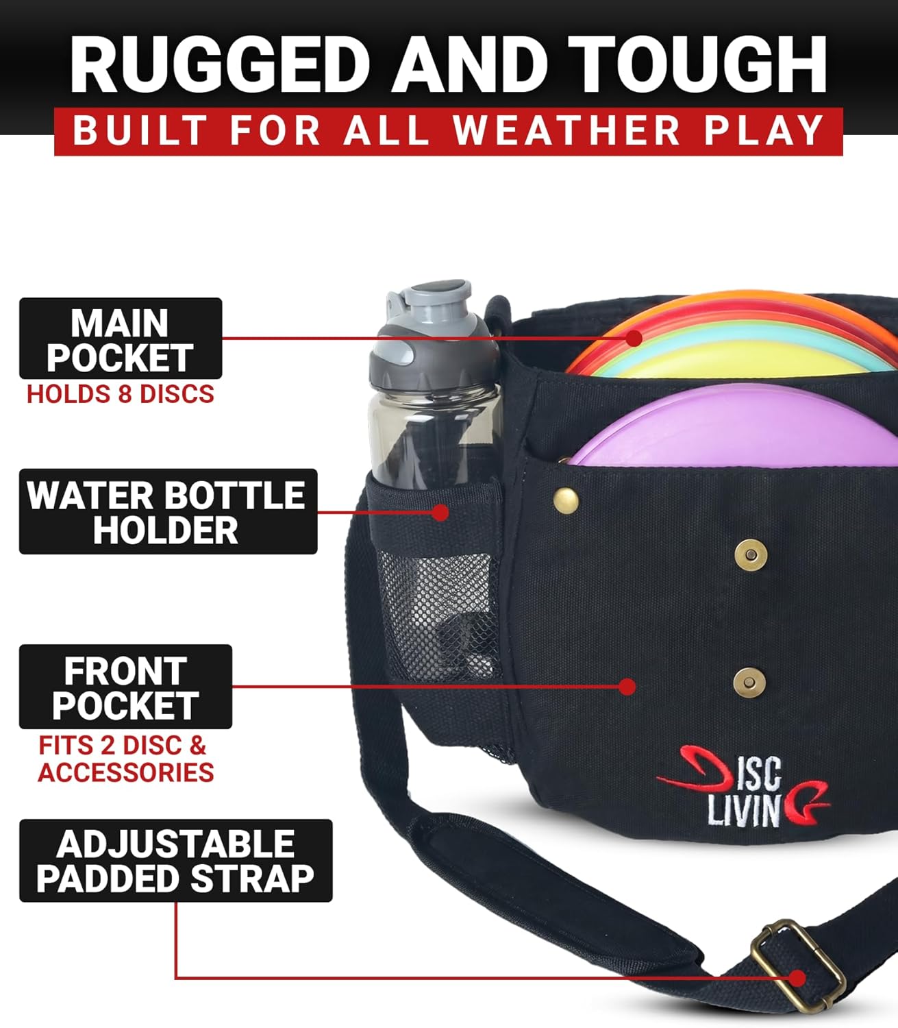 Disc Golf Bag | Frisbee Golf Bag | Easy to Carry | Lightweight Fits Up to 10 Discs | 16 oz Waxed Canvas Sturdy Design | Belt Loop | Double Button Design | Bottle Holder