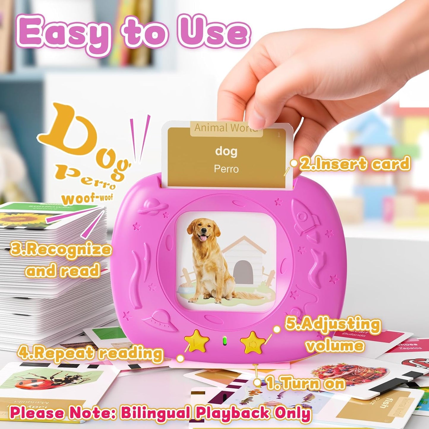 HOMESTEC Toddler Talking Flash Cards with American Accent and 288 Sight Words for Speech Therapy Learning Montessori Sensory Play for Boys and Girls Ages 3 to 6 Birthday Gifts (Pink)