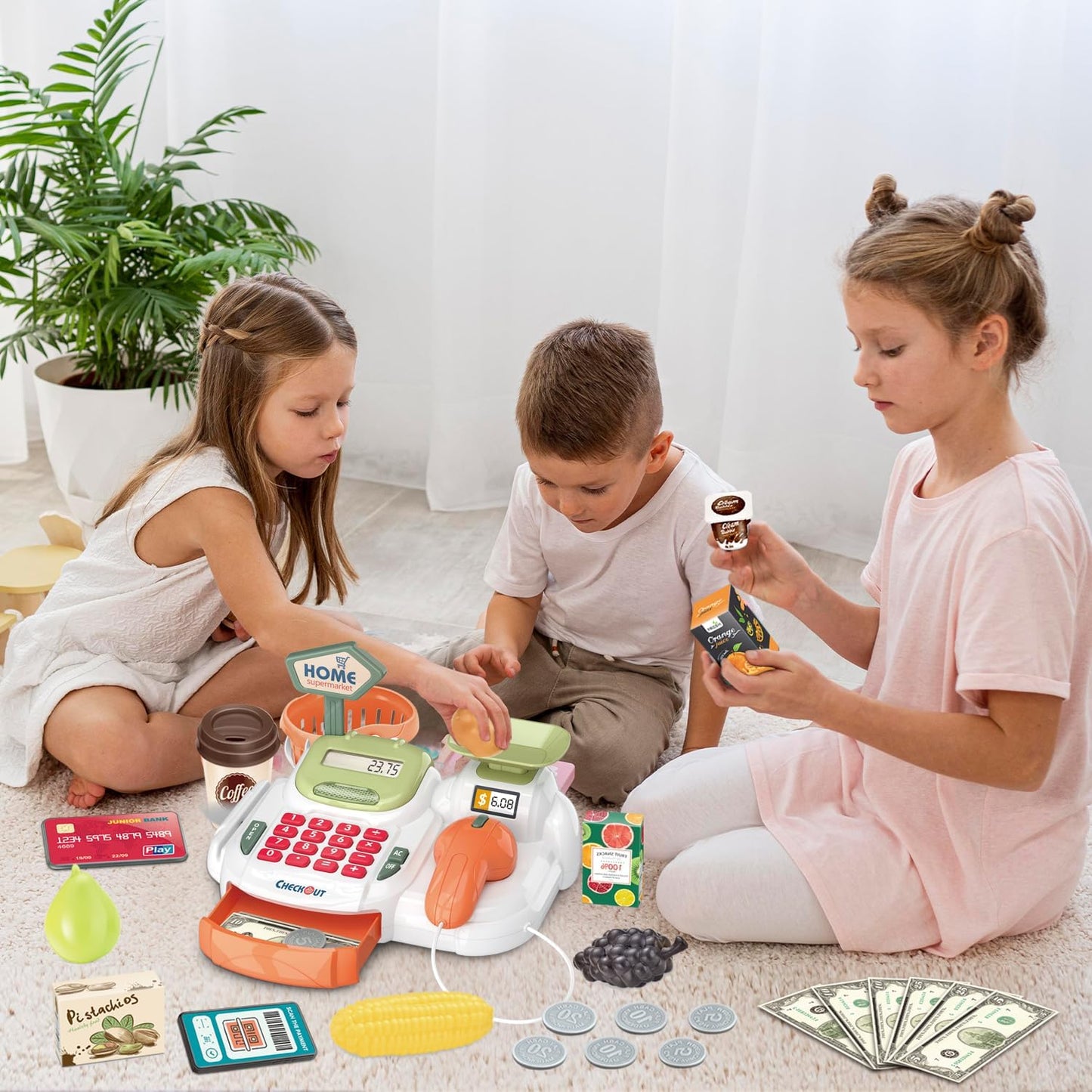 Cash Register 36PCS Supermarket Shop Toys with Electronic Sounds,Working Scanner,Calculator,Credit Card Reader,Play Food and Money Preschool Learning for Girl Boys Kids (Green)
