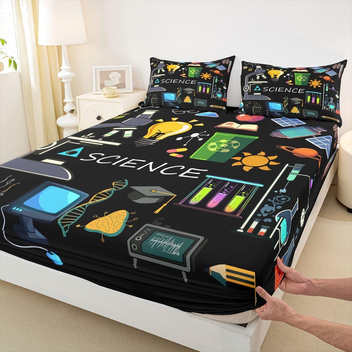 Erosebridal Science Theme Bed Sheets Set Full Size for Boys Girls Chemistry Periodic Table Print Sheet Set Chemical Subject Theme Sheets Teens Kids Math Science Atyle Fitted Sheet 4 Pcs