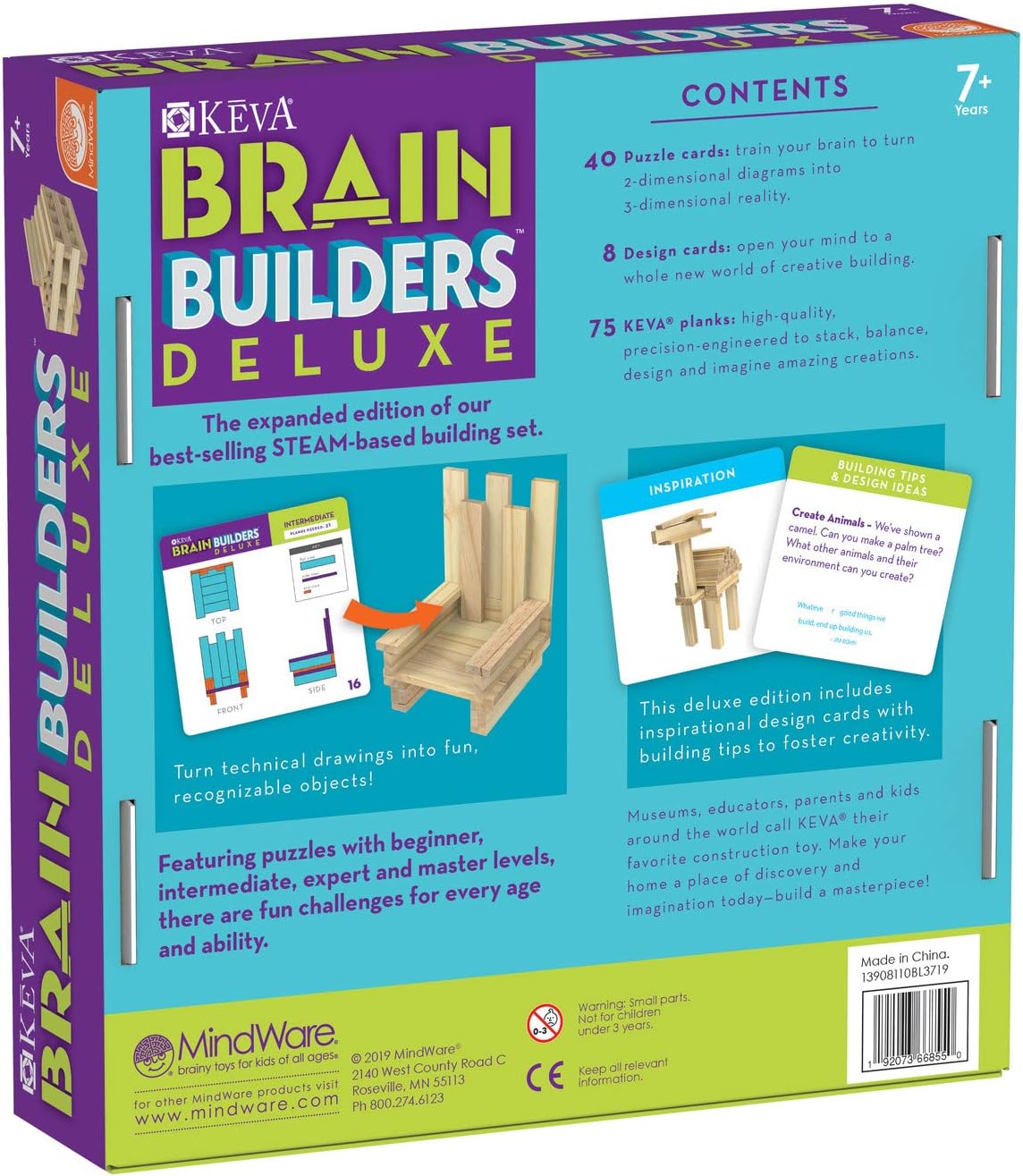 MindWare Keva Brain Builders Deluxe: STEM Building Toy Includes 75 KEVA Planks, 40 Puzzle Cards, 8 Design Cards, 3D Building Skills for Kids - Ages 7+