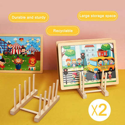 Barydat 2 Pcs Wooden Puzzle Display Stand Jigsaw Holder Rack Puzzle Pot Lid Storage Organizer Shelf for Playroom Decor Craft Collection Lovers
