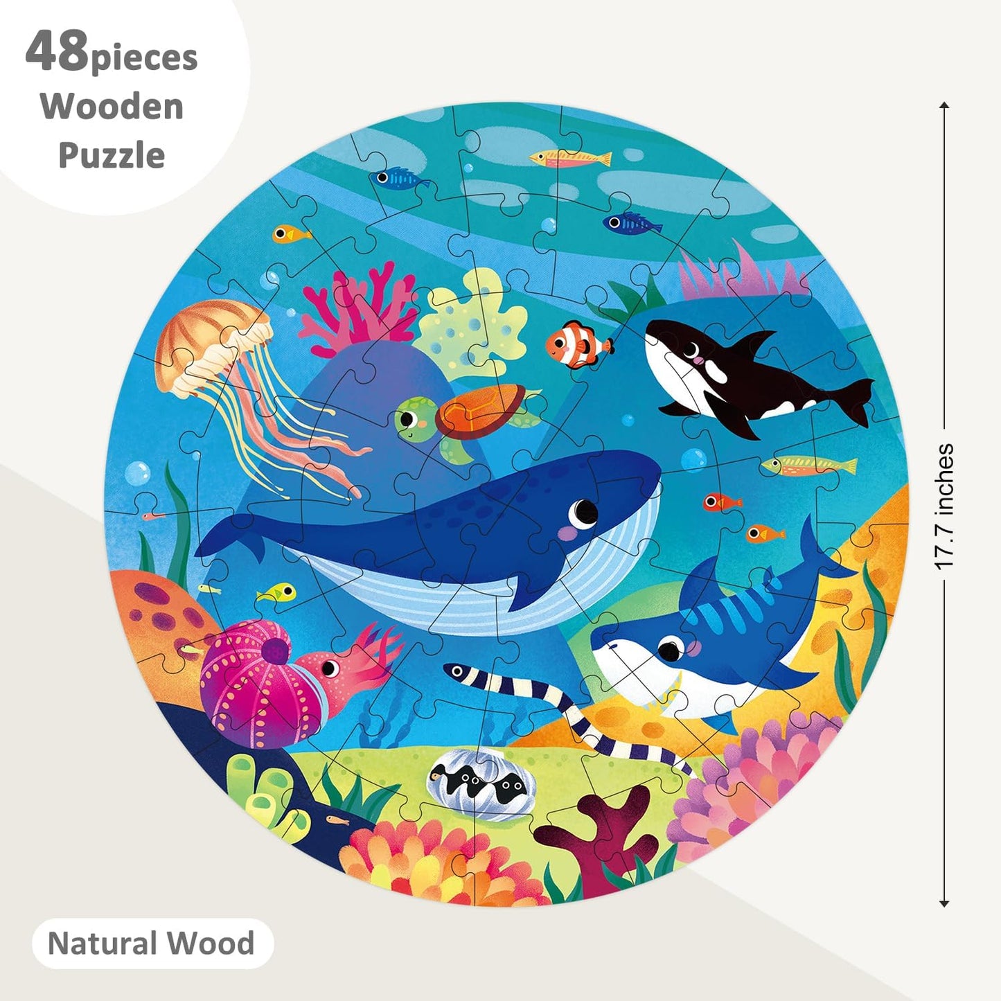 Floor Puzzles for Kids Ages 4-8, Ocean Animal Large 48 Piece Round Wooden Puzzles for Kids Ages 3-5, Educational Toys Wooden Jigsaw Puzzle for 6 7 8 Year Old