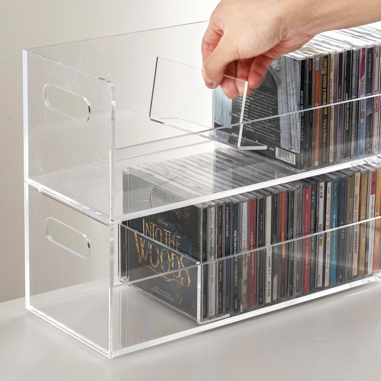 MyGift Modern Premium Clear Acrylic Stackable CD Holder Rack with Cutout Carrying Handles, Compact Disc Jewel Case Display Crate, Media Storage Organizer