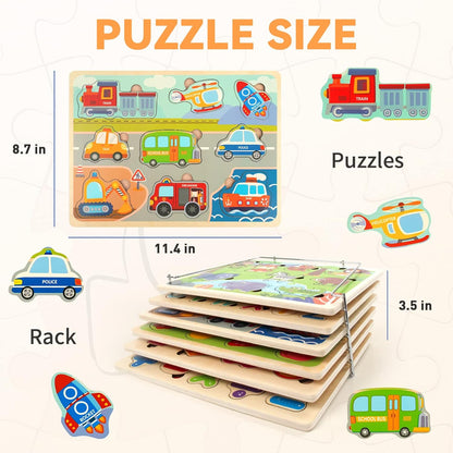 WOOD CITY Toddler Puzzles and Rack Set, Wooden Peg Puzzles Bundle with Storage Holder Rack, Educational Knob Puzzle for Kids Age 2 3 4 Years - Alphabet Number Shape Dinosaur Animal Vehicle