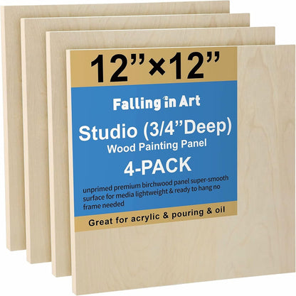 Falling in Art Unfinished Birch Wood Canvas Panels Kit, 4 Pack of 8x10’’ Studio 3/4’’ Deep Cradle Boards for Pouring Art, Crafts, Painting, and More