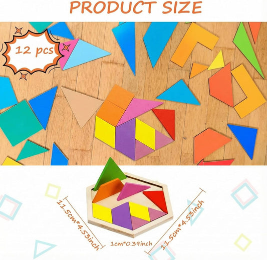 Meooeck 12 Pack Tangrams Wooden Puzzles Tangrams Set f Shape Puzzles Brain Logic Blocks for Games Educational Gifts for Adults Students(Notch Style)
