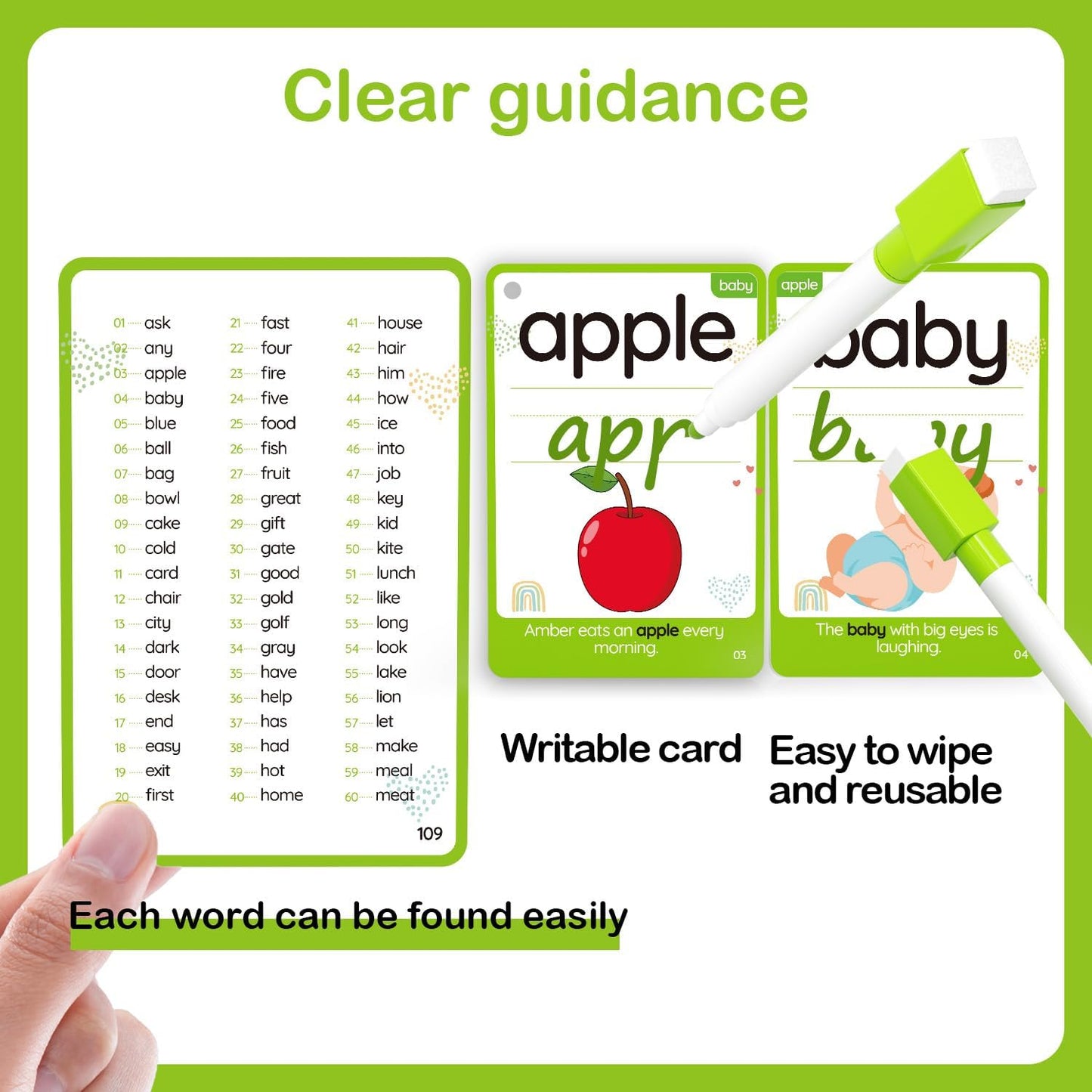 WJPC 55 Cards, 106PCS High Frequency First-Grade Sight Words Flash Cards, 1st Grade Phonics Learning Cards for 5,6,7,8 Years Ages Kids Boys, Girls Learn to Read, Write, Association, Sentence Making