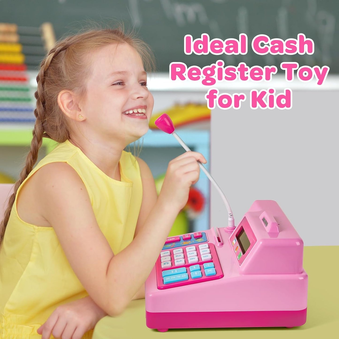 BAODLON Calculator Cash Register - 103 Pcs Pink Toy Cash Register, Microphone, Credit Card and Banking for Kids, Early Math Skills Toys Gifts for 3, 4, 5, 6 7 8+ Years Old Boys Girls